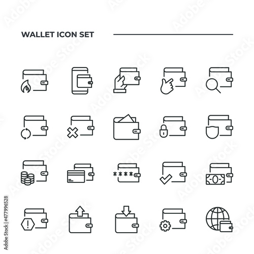 simple set of Wallet vector icons with editable line styles covering cash withdraw, money transfer, payment and other. isolated on white background. 