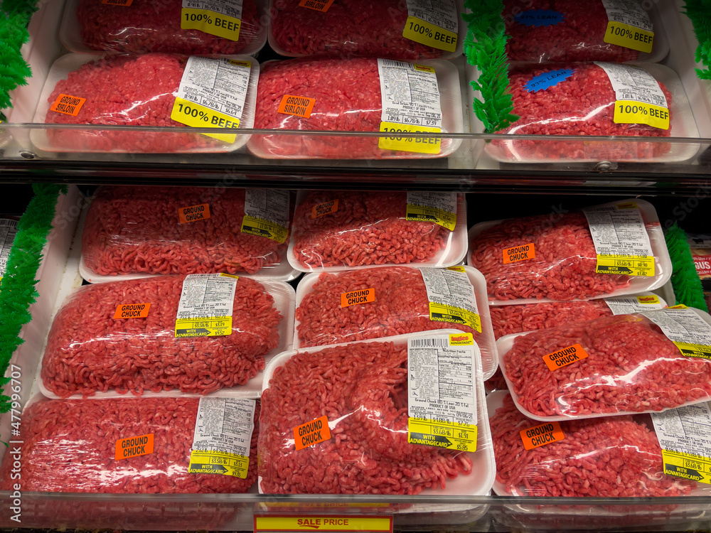 NORTH PORT, FLORIDA - January 02, 2022 : Fresh ground beef hamburger
