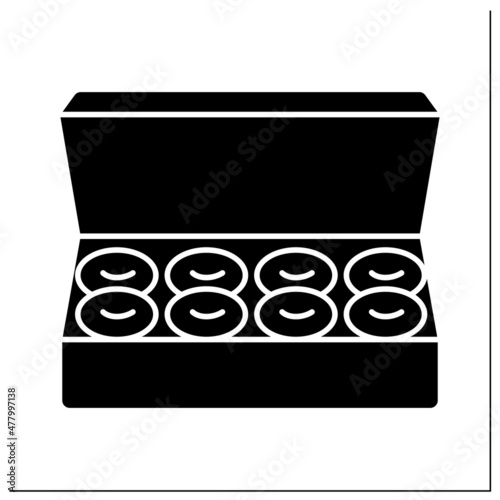 Donuts box glyph icon. Big open cardboard pack of homemade pasty. Tasty and fresh doughnuts, home baking, breakfast bagel and tasty food.Filled flat sign. Isolated silhouette vector illustration