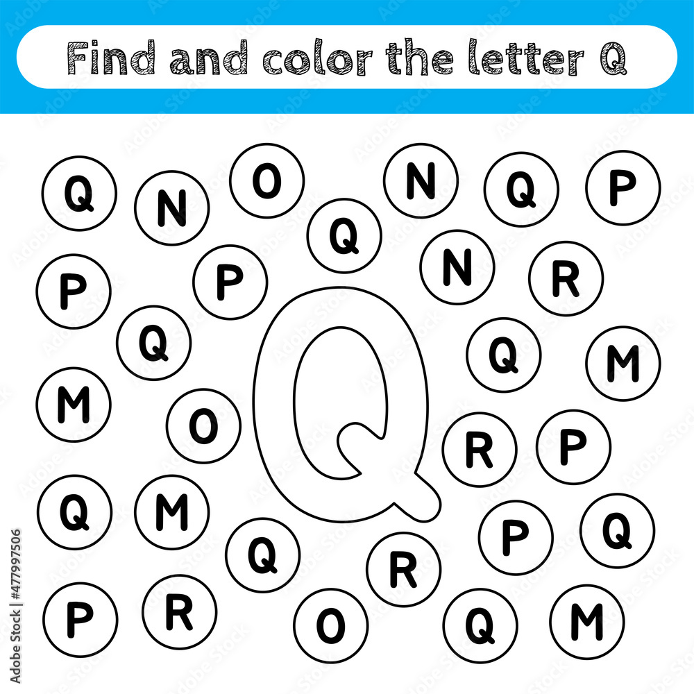 Learning worksheets for kids, find and color letters. Educational game to recognize the shape of the alphabet. Letter Q.