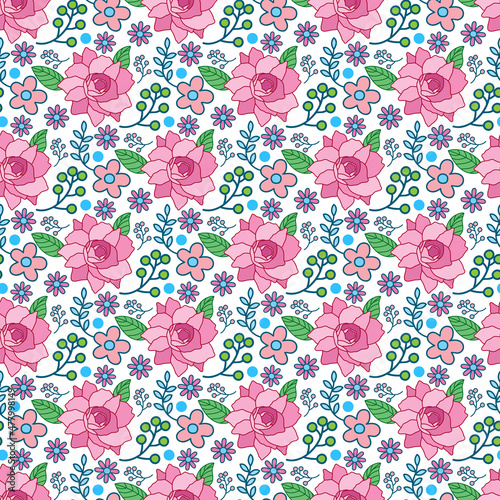 Photo Camellia flower & flower doddle with dot Seamless Pattern Design