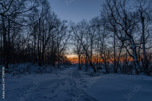 View near Tisa village in winter snowy morning before sunrise