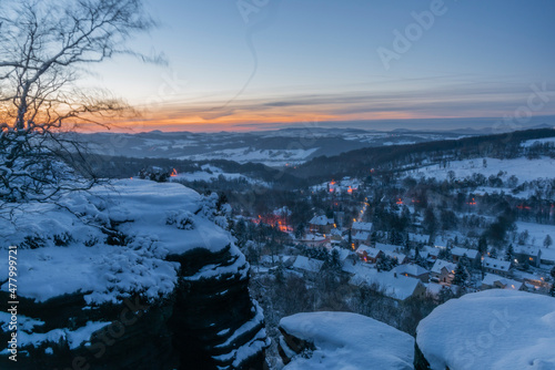 View near Tisa village in winter snowy morning before sunrise