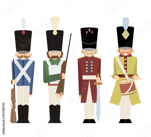 Antique toy set of vintage tin soldier childhood with old texture, classical cute military traditional character vector illustration. Vector set, isolated elements on white background.
