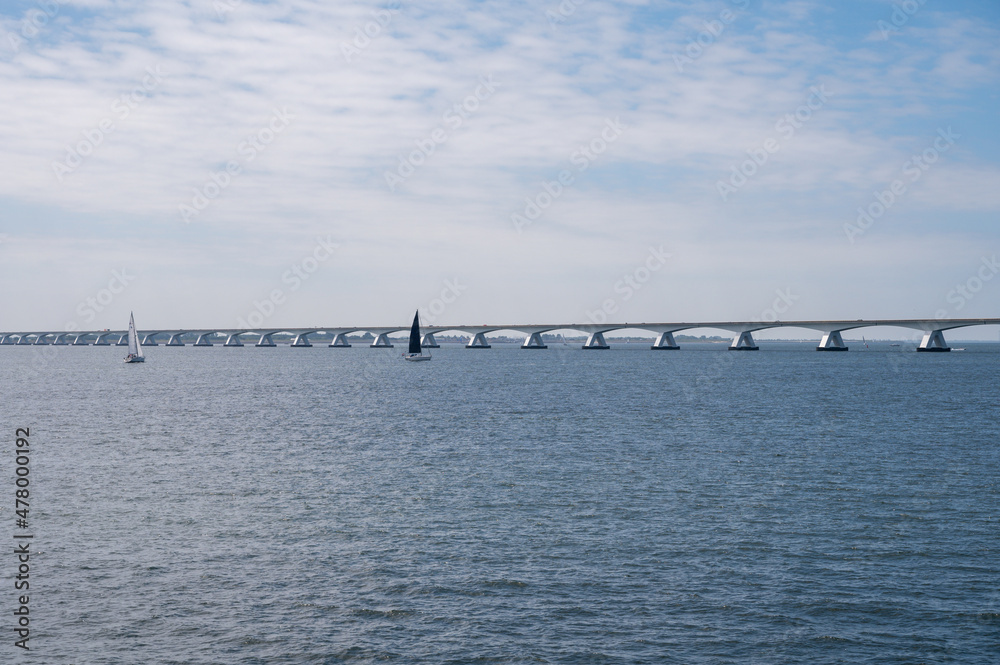 View on longest bridge in the Netherlands, Zealand bridge spans Eastern Scheldt estuary, connects islands of Schouwen-Duiveland and Noord-Beveland in province of Zeeland.