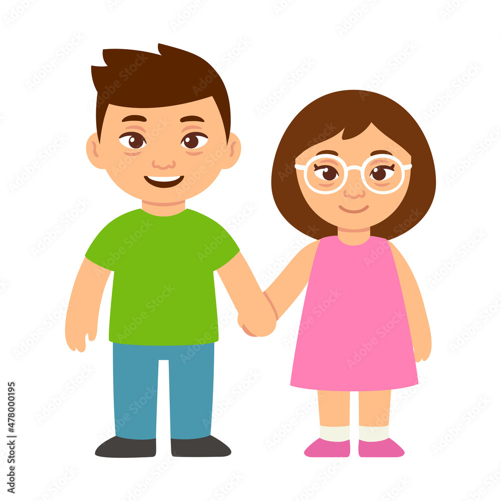 Cartoon Down syndrome children holding hands