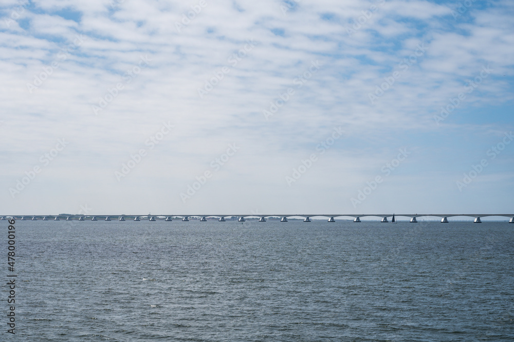 View on longest bridge in the Netherlands, Zealand bridge spans Eastern Scheldt estuary, connects islands of Schouwen-Duiveland and Noord-Beveland in province of Zeeland.