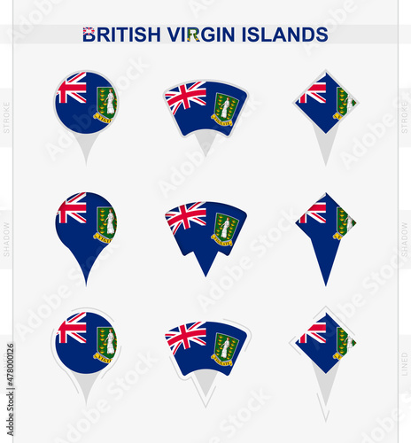 British Virgin Islands flag, set of location pin icons of British Virgin Islands flag.