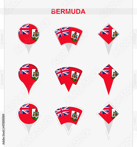 Bermuda flag, set of location pin icons of Bermuda flag.