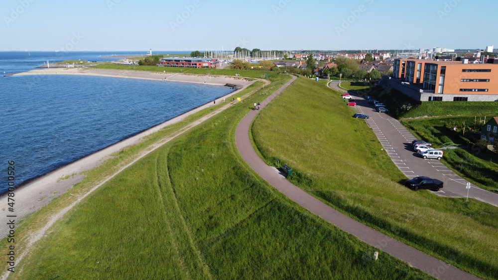 Aerial view on houses and water in Wemeldinge, Zeeland, Netherlands