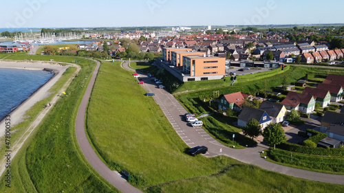 Aerial view on houses and water in Wemeldinge, Zeeland, Netherlands