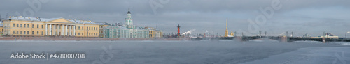 Panorama of the Neva river in the historic center of St. Petersburg on a cloudy February day. Russia