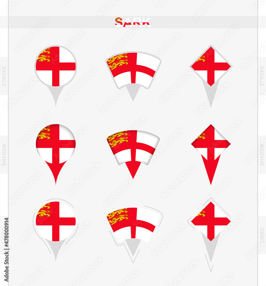 Sark flag, set of location pin icons of Sark flag. Sark flag, set of location pin icons of Sark flag.
