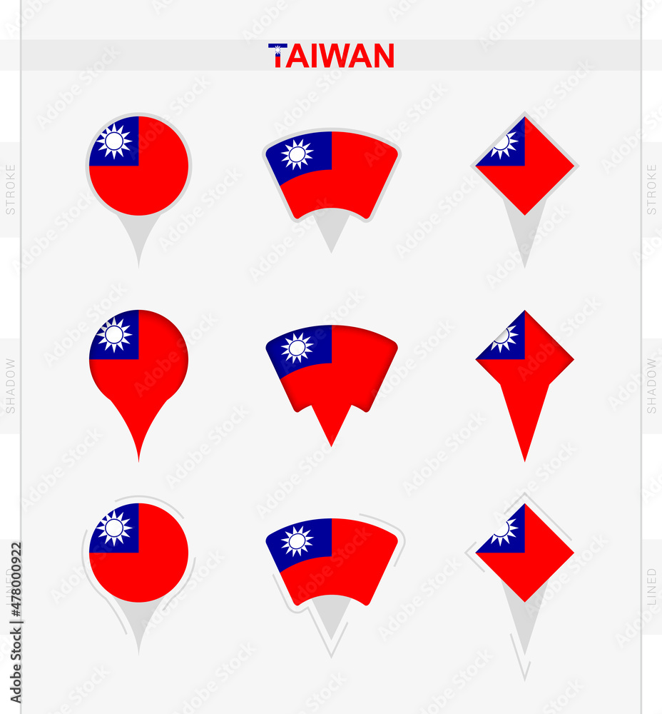 Taiwan flag, set of location pin icons of Taiwan flag. Taiwan flag, set of location pin icons of Taiwan flag.
