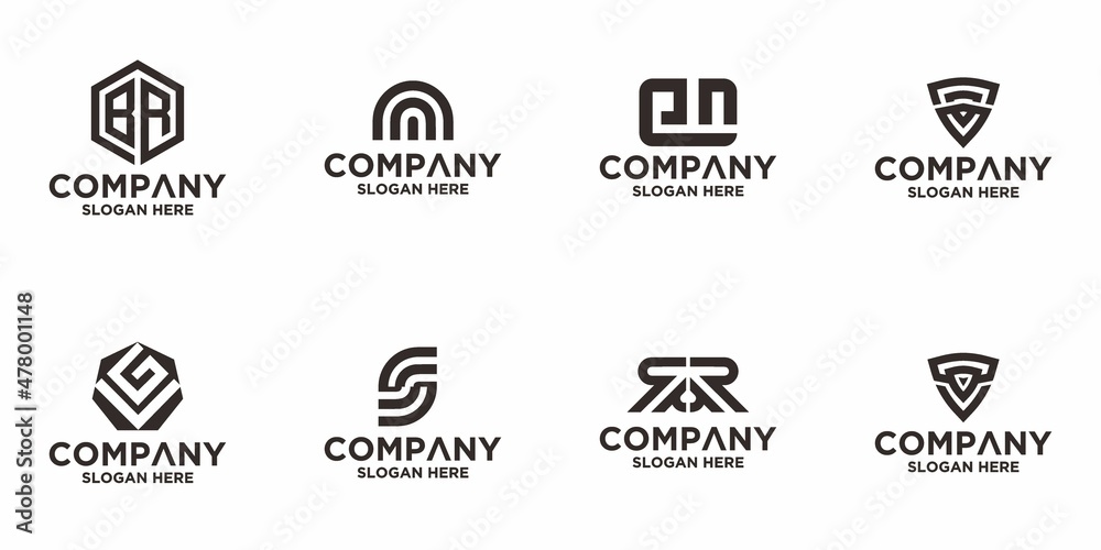 Set initial letter Logo Icon Template. Illustration vector graphic.latter initial mixture, hexagonal, circle, and shield BR, N, EN V, LG,S, RR, COV logo design