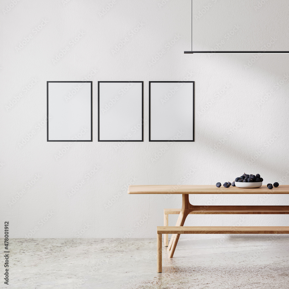 poster frames mock up in modern room minimalist interior with white all with sunlight and shadow, wooden table with benches,  dinning room, 3d rendering - obrazy, fototapety, plakaty 
