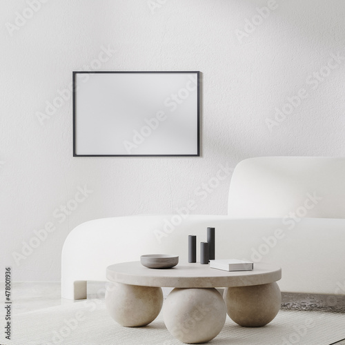 horizontal frame mockup in white room interior with sunlight shadows and white sofa with stone coffee table  3d rendering