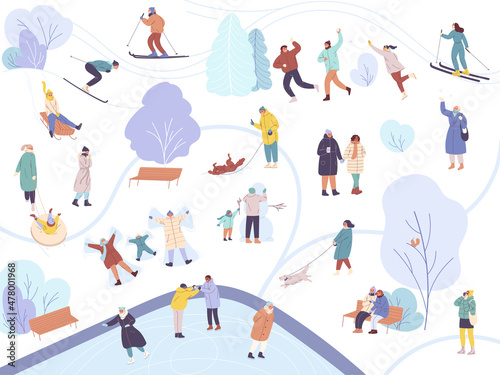 Crowd of tiny people outdoor activities in winter