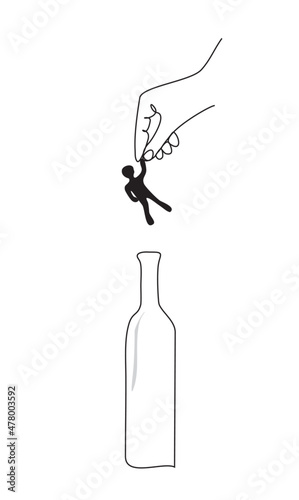 continuous drawing of a single line of a hand and a falling person into a bottle. The concept of alcoholism