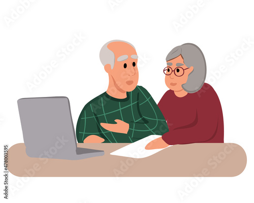 Middle aged senior old couple holding documents reading paper bills paying bank loan online, calculating pension fees, payments, taxes, planning family retirement money finances using laptop. Vector