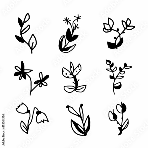 Vector simple flowers set. Black and white isolated elements.