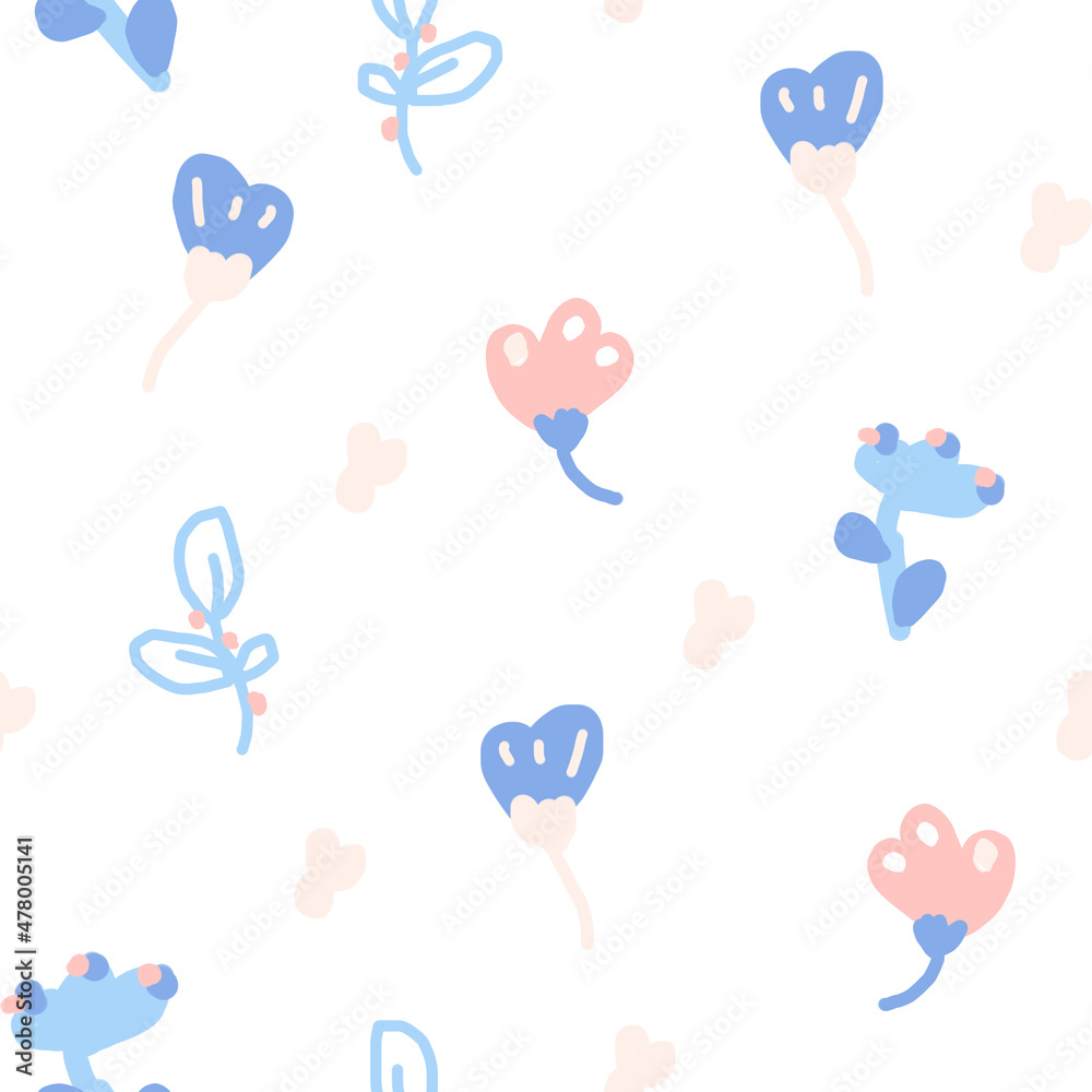 Seamless spring flowers pattern. Simple, cute small pink and blue flowers.