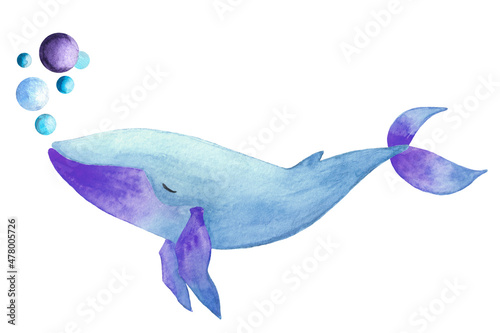 Design element for wrappng paper, fabric, cards. Watercolor hand painted blue violet whale isolated on white.