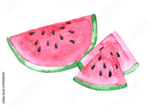 Hand drawn watercolor sliced bright pink pulpy watermelon with brown seeds isolated on white background. Aquarelle hand painted illustration
