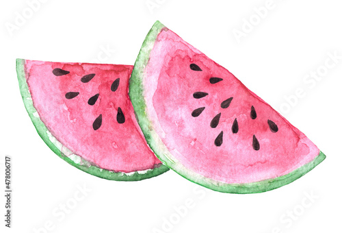Two hand drawn watercolor sliced juicy watermelon slices with brown seeds isolated on white background. Watercolor hand painted illustration of fresh healthy food