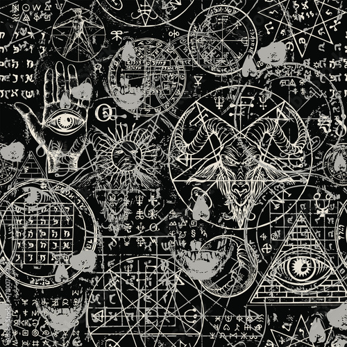 Abstract seamless pattern with hand-drawn ominous goat head, all-seeing eye, human skulls, occult and esoteric symbols on a black backdrop. Vector background in grunge style on the satanic theme