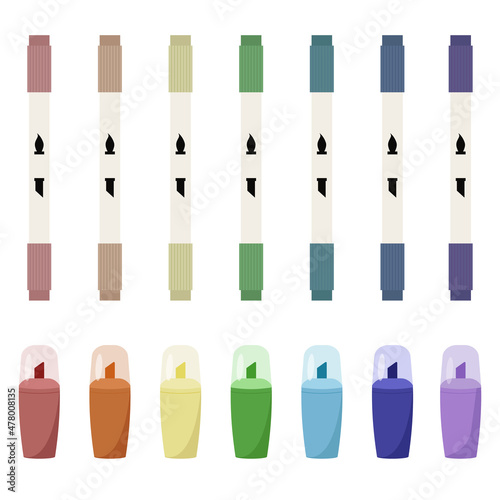 Illustration of two sets markers with basic and pastel colors for drawing and painting. Vector isolated on white.