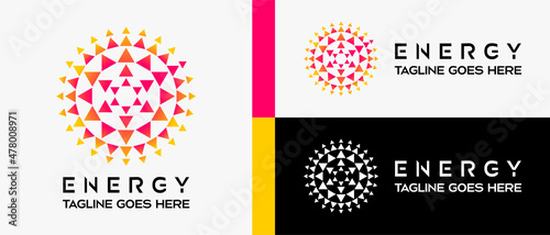 energy logo design template, sun icon with rotating triangle element. vector abstract logo illustration
