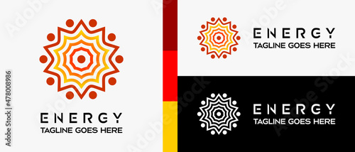 solar energy logo design template with rays and dots icon. vector abstract logo illustration