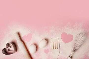 Valentine's Day Baking pink background. Hearts of flour , copy space