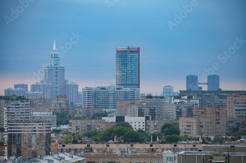 Panorama view of city on the blue sky with light haze or smog. Moscow. Russia.