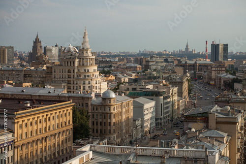 Yellow houses and roofs. Birds-eye view the center of Moscow Garden Ring at sunset.