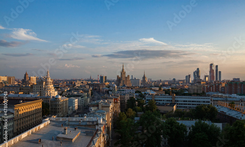 Panoramic cityscape on blue sky with clouds on sunset. Moscow historic center (downtown). Birds-eye view.