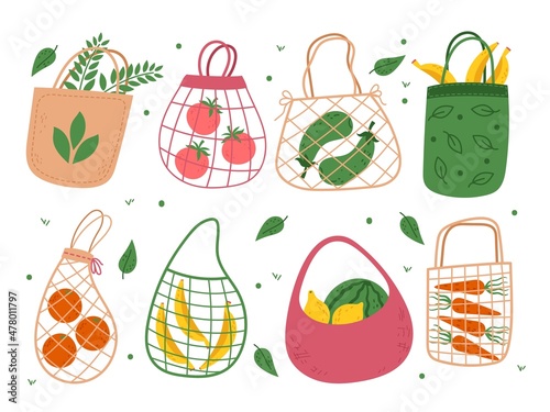 Eco bags. Different food savings string package, organic products shopping, green local market, fruit and vegetables, environmental concern, save the planet, vector cartoon isolated set