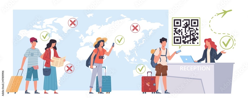 Health passport people. Travelers with luggage at control, scanning QR codes, airport reception, green certificate holders, tourism during pandemic, vector cartoon flat isolated concept Health passport people. Travelers with luggage at control, scanning QR codes, airport reception, green certificate holders, tourism during pandemic, vector cartoon flat isolated concept