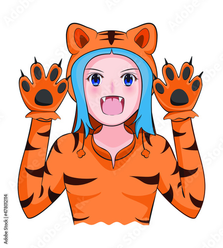 cute young lady or teen costume or cosplay or dress in and action as fighting tiger one of twelve Chinese zodiac year drawing in cartoon vector