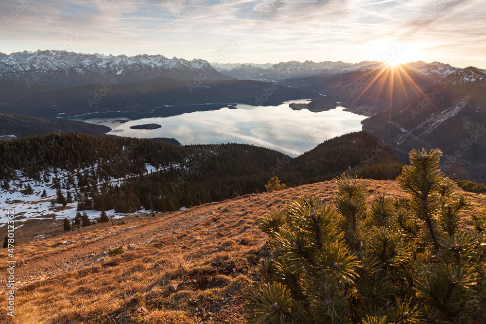 Jochberg View of the Walchensee at sunset