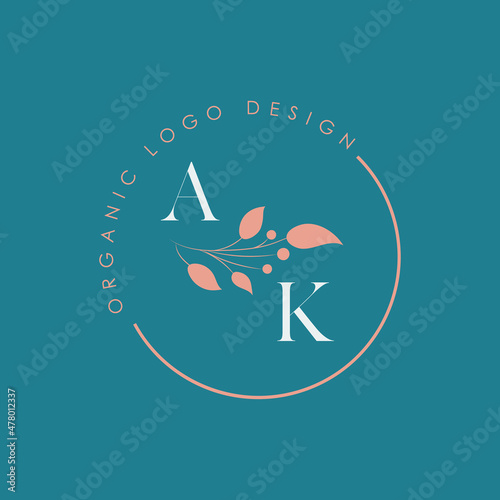 AK or A K organic letter logo design on a circle shape frame with botanical flower elements, vector illustration. Natural pastel icon.