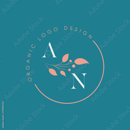 AN or A N organic letter logo design on a circle shape frame with botanical flower elements, vector illustration. Natural pastel icon.