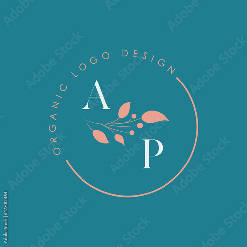 AP or A P organic letter logo design on a circle shape frame with botanical flower elements, vector illustration. Natural pastel icon.
