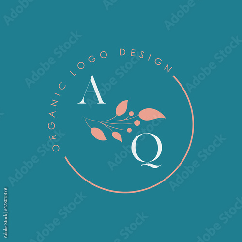 AQ or A Q organic letter logo design on a circle shape frame with botanical flower elements, vector illustration. Natural pastel icon.
