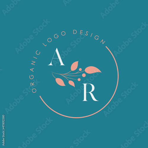 AR or A R organic letter logo design on a circle shape frame with botanical flower elements, vector illustration. Natural pastel icon.