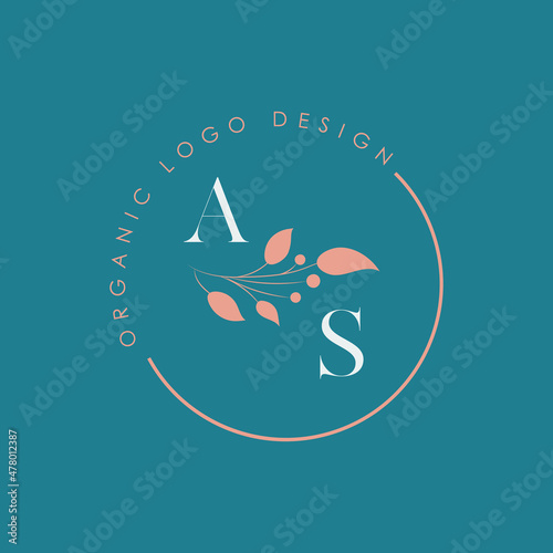 AS or A S organic letter logo design on a circle shape frame with botanical flower elements, vector illustration. Natural pastel icon.