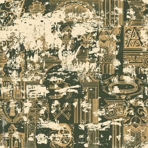 Abstract seamless pattern in grunge style with hand-drawn architectural fragments. Vector background on theme of ancient architecture and art. Suitable for wallpaper, wrapping paper or fabric design