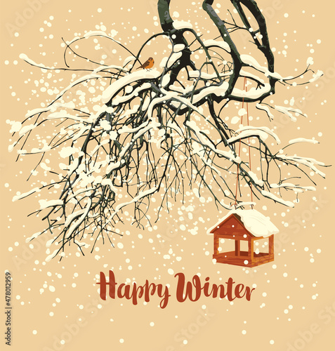 A beautiful winter landscape with the inscription Happy winter, snow-covered tree branches, a bird feeder and a small frozen sparrow against a light beige sky. Snowy vector illustration in retro style