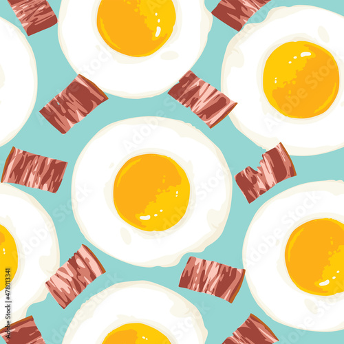 Breakfast seamless pattern with fried eggs and delicious bacon. Vector morning background with a lot of scrambled eggs on a turquoise backdrop. Suitable for wallpaper, wrapping paper, fabric design